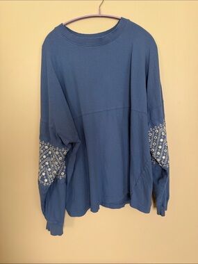 Urban Outfitters Blue Long-Sleeve Pullover Shirt with Patterned Elbow Panels